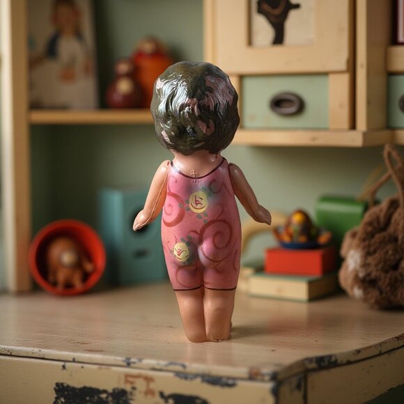 Celluloid Doll Side Eye in Swim Suit 6" Japan Movable Arms Molded Hair Finger Wa - Picture 10 of 10